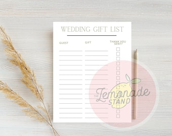 Wedding, Bridal, Baby Shower Gift List Printable Digital Download