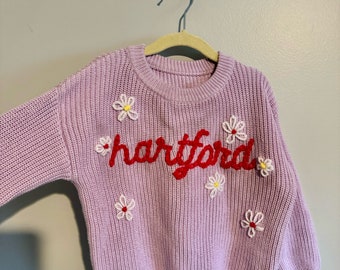 Flower Name Sweater, Personalized Name Sweater, Hand Stitched Flower Sweater, Baby/Toddler Custom Name Sweater, Embroidery Sweater