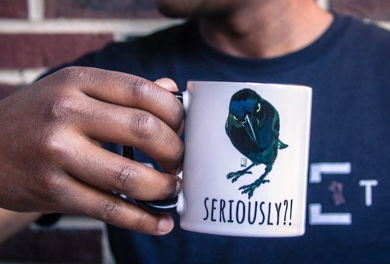 May include: White ceramic mug with a black bird illustration and the text "SERIOUSLY?!".