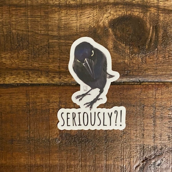 Seriously Crow Premium Vinyl Sticker, Crow Art, Raven Art, Animal Art, Scratch Resistant, Dishwasher Safe, UV Resistant, Waterproof, Decals