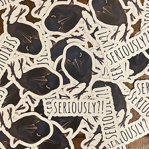 Op de afbeelding: Een verzameling stickers met een zwarte vogel met gele ogen en de tekst "Serieus?!".
