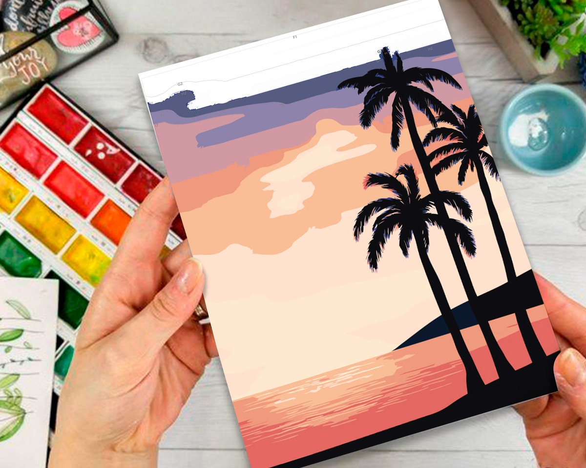 sunset palm ocean diy painting nature paint by number kit etsy