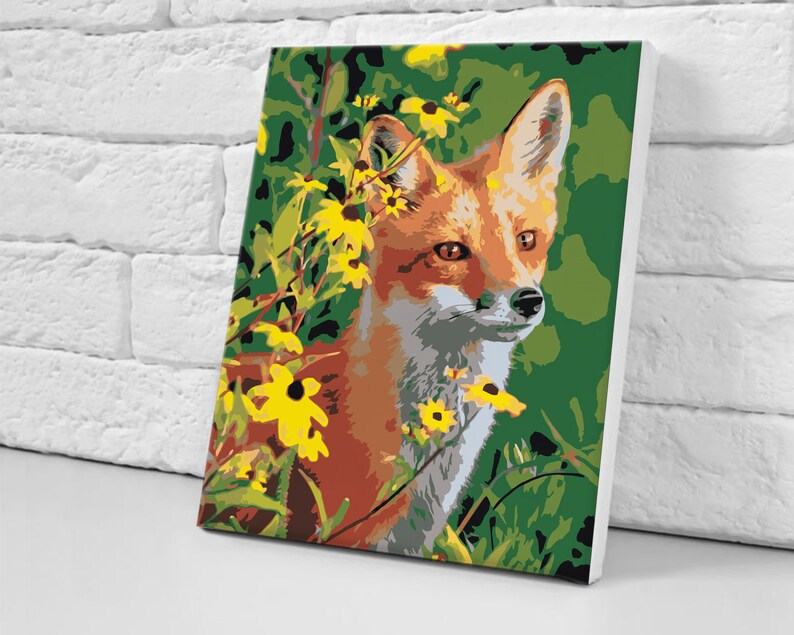 Fox Paint by Numbers/ DIY Kit / Green Painting by Number/ Art Etsy