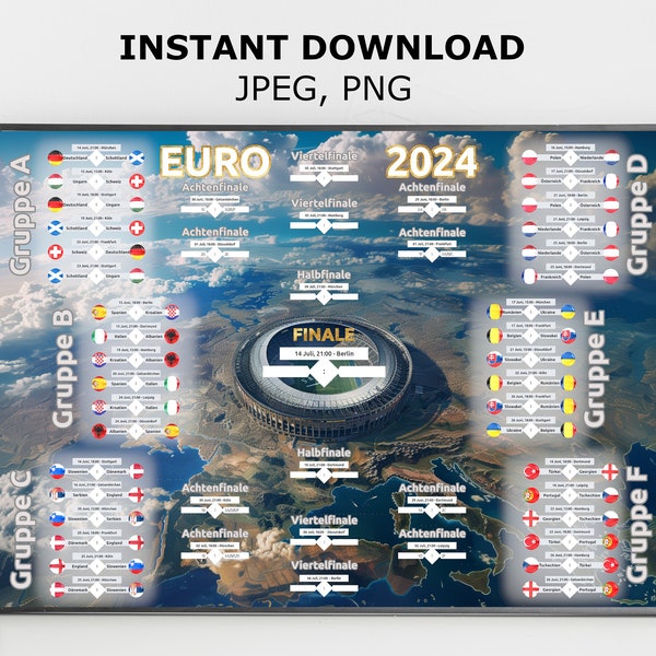 Euro Tournament Wallchart 2024, Football Poster, Fußball EM 2024, Schedule Dates, European Championships Wall Planner, Germany Schedule