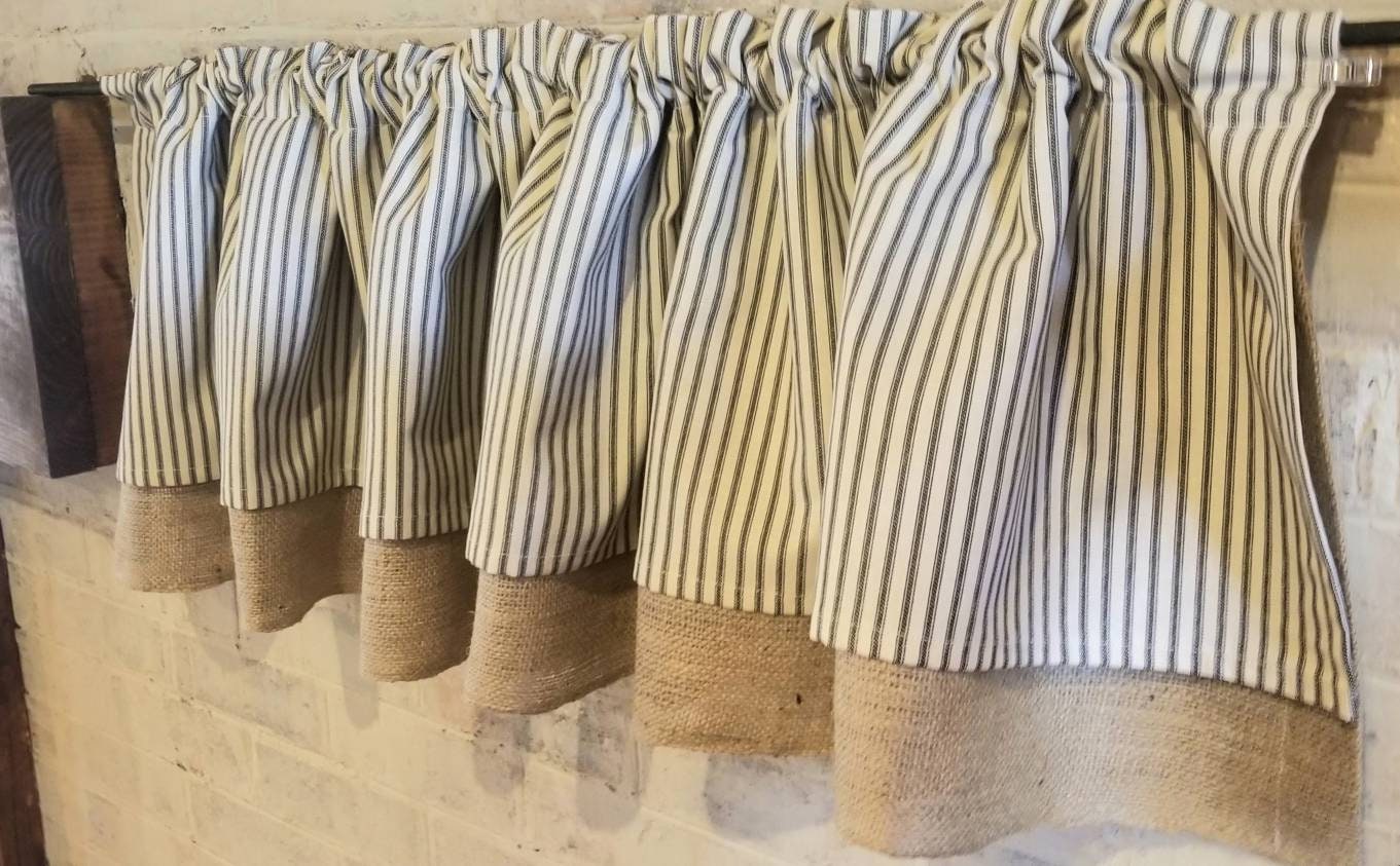 Burlap Ticking Curtain Stripe Café Curtain Burlap Living Etsy