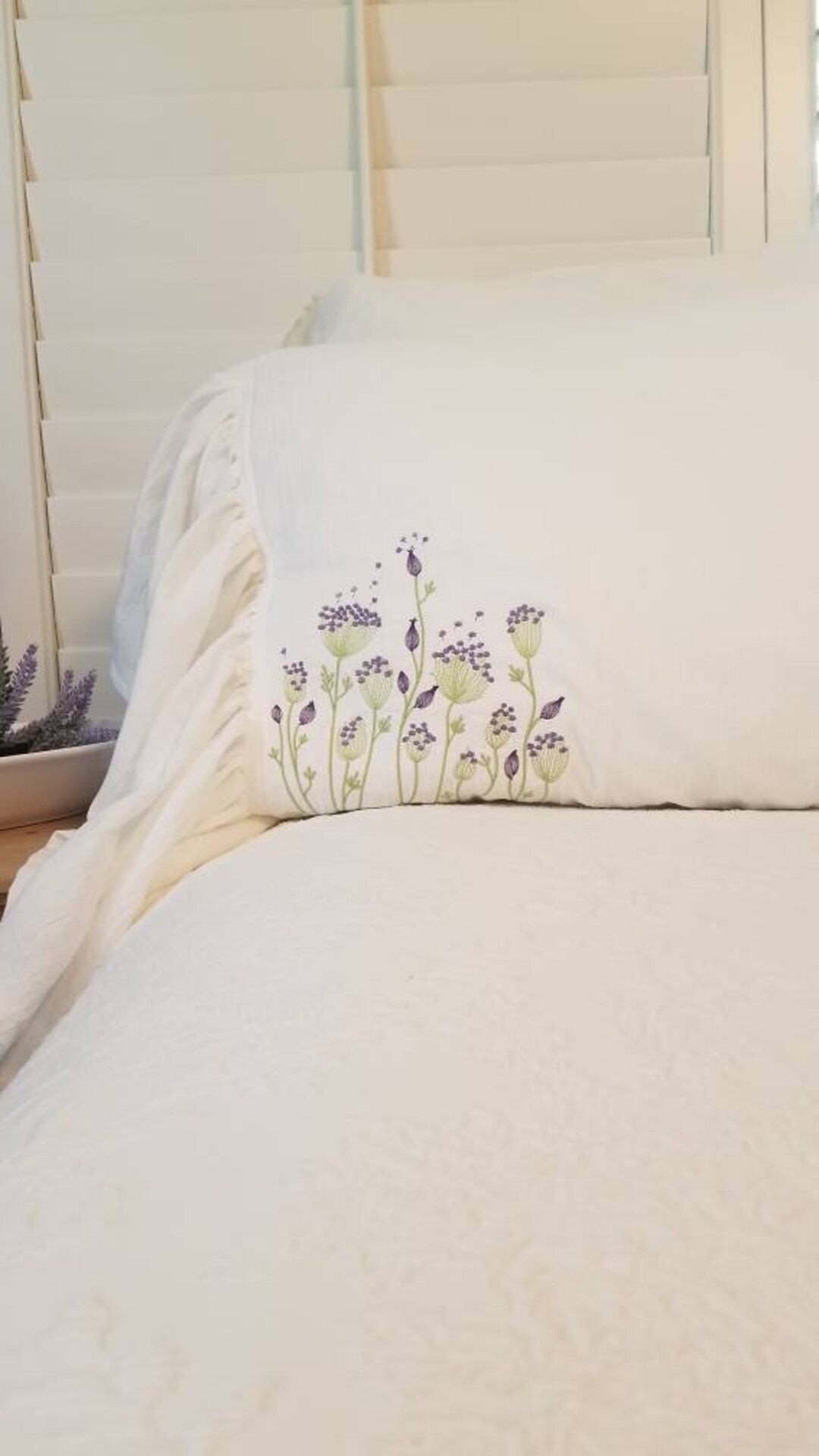 White Ruffled Pillow Sham, Spring Décor, Embroidered Floral Bedding