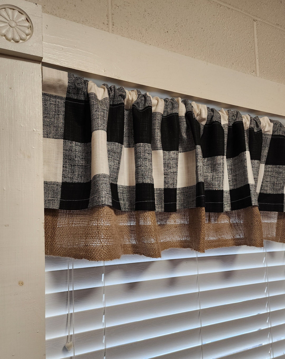 Buffalo Plaid Valance, Black and White Valance, Burlap and Plaid