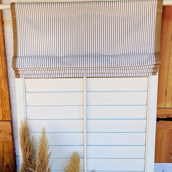 Modern Farmhouse Valance, Ticking Stripe Shade, Burlap Valance, Faux Roman Shade Valance, Burlap and Ticking Valance, Pleated Valance