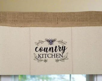 Farmhouse Kitchen Valance-Kitchen Curtains-Drop Cloth Valance-Burlap Valance-Farmhouse Valance-Embroidered Curtain-Valance For Kitchen