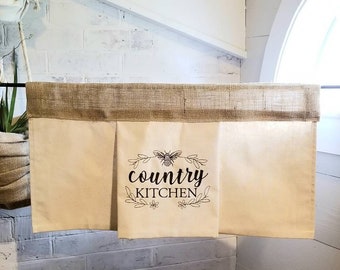 Farmhouse Kitchen Valance-Kitchen Curtains-Drop Cloth Valance-Burlap Valance-Farmhouse Valance-Embroidered Curtain-Valance For Kitchen