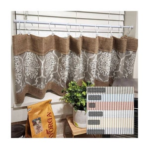 Burlap Ticking Curtain, Stripe Café Curtain, Burlap Living Room Curtains, Farmhouse  Kitchen Curtains, Country Curtains