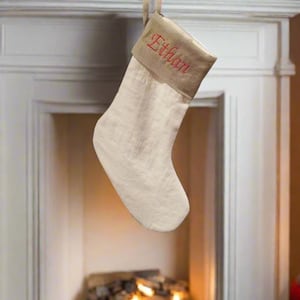 Custom Embroidered Linen Christmas Stocking for Whole Family, White Christmas Stocking with Personalized Embroidery, Custom Family Stocking