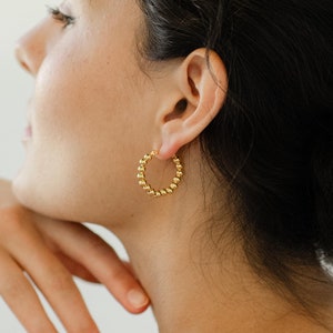 Gold Beaded Dotted Hoops Earrings 18k Gold Filled Super Lightweight for Women Hypoallergenic for Sensitive Ears