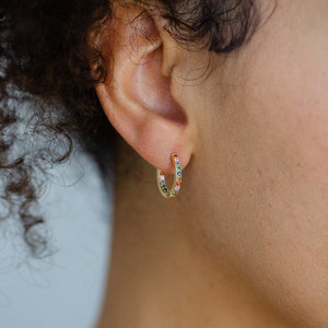 Gold Huggies Small Hoop Earrings with rainbow stones. Minimalist Gold Hoops, Mini Gold Hoops, Gift For Her