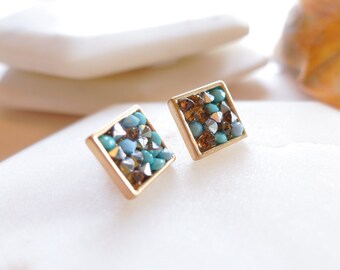 Geometric Square Earrings Blue Green Statement Studs for Women Hypoallergenic for Sensitive Ears