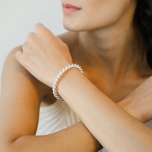 Silver Twist Twisted Croissant Bangle Bracelet, Vintage Rope Cuff Bangle, Thick Chunky Silver Plated on Brass Love Knot Stacking Bracelet