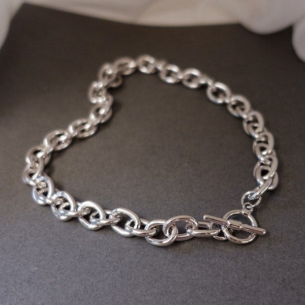 Große mutige klobige Halskette, Extra Super Dicke klobige Kette, Versilberte Kabel Rolo Kette, Silber Toggle Choker Halsketten, Statement-Halskette