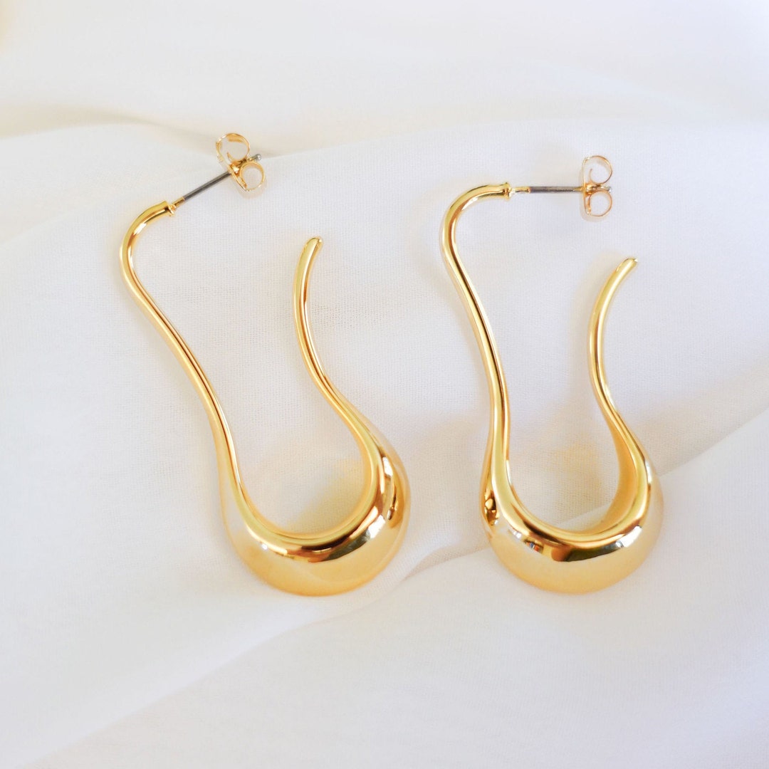 Thick Chunky Gold Hoop Earrings Curved Oval Hoops 24k Gold Plated Super ...