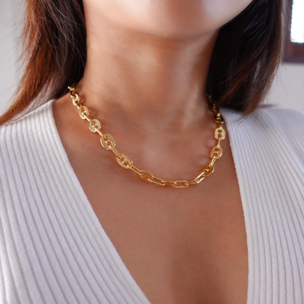 Big Bold Chunky Necklace, Extra Super Thick Chunky Chain, Gold Plated Anchor Puff Mariner Chains, Gold Choker Necklaces, Statement Necklace