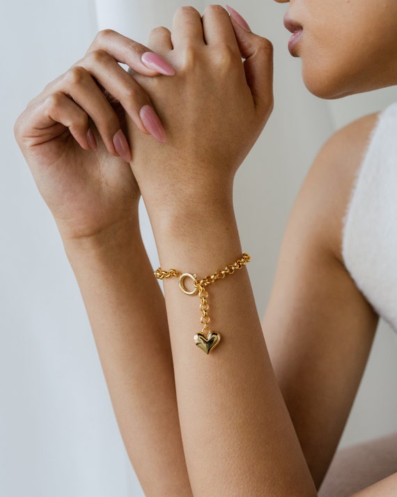 Gold Heart Bracelet L Chunky Cable Chain Bracelet L Heart Pendant Jewelry L Gold Rolo Chain Bracelet Heart Charm Gold Jewelry Set Etsy