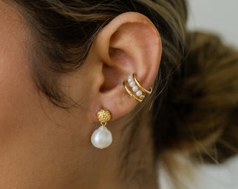 Dainty Pearl Ear Cuff l No Piercing l Two Layered Ear Cuffs l Multi layered Ear Wrap l Gold Filled l Minimalist Ear Climber Earrings