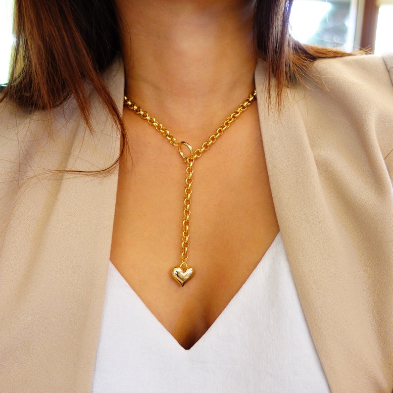 Gold Chunky Y Chain Necklace With Heart Pendant Thick Bold Etsy