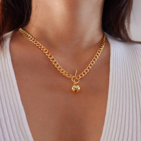 Gold Ball Pendant Necklace l Gold Thick Chain Toggle l Thick Gold Choker l Chunky Curb Chain l Ball Charm l Tarnish Free Gold Jewelry Set