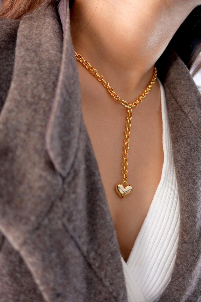 Gold Chunky Y Chain Necklace With Heart Pendant Thick Bold Etsy