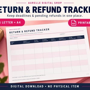 May include: A printable Return & Refund Tracker document featuring a grid layout with columns for store, order number, return deadline, method, refund status, and tracking. The header includes the text Return & Refund Tracker.