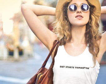 Diet Starts Tomorrow Racerback Tank for Women, tank tops for women, workout tanks for women, workout shirts, cute workout tanks, cute tank