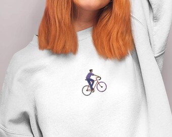 Cycling Embroidered Sweatshirt, Unisex | Crewneck Sweatshirt, Cycling Sweatshirt, Cute Embroidered Sweatshirt, Graphic Embroidered Crewneck