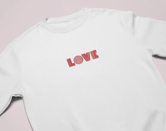 LOVE Text Embroidered Crew Neck Sweatshirt | Text Stitched Sweatshirt, Womens Sweatshirts, Sweatshirt Vintage, Embroidered Crewneck