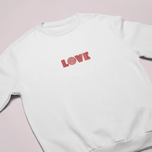 LOVE Text Embroidered Crew Neck Sweatshirt | Text Stitched Sweatshirt, Womens Sweatshirts, Sweatshirt Vintage, Embroidered Crewneck