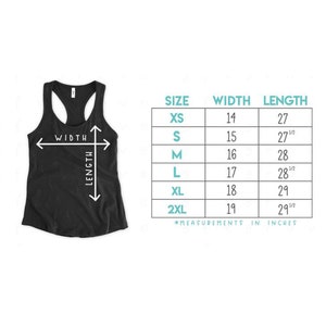 May include: A black tank top with a size chart showing measurements in inches for XS, S, M, L, XL, and 2XL.