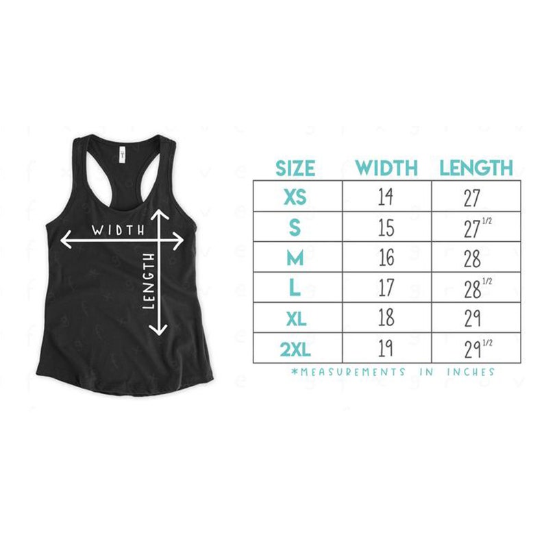 May include: A black tank top with a size chart showing measurements in inches for XS, S, M, L, XL, and 2XL.