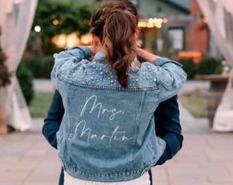 Wedding Bride Pearl Denim Jacket Personalized Custom with Mrs Future Last Name Date on Collar Bridal Gift