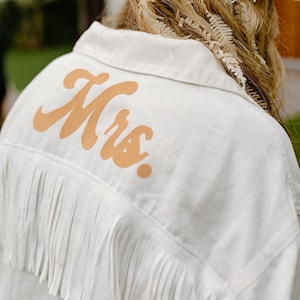 Personalized White Fringe Denim Jacket | Fuzzy Tan Groovy Bride Jacket | Custom Mrs. Jean Jacket | Wedding Jacket | Bachelorette Jacket