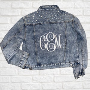 PERSONALIZED Statement Denim Bridal Jacket | Custom Monogram | Pearl Detailing | MRS Jacket | Bride Jean Jacket | Bride Gift