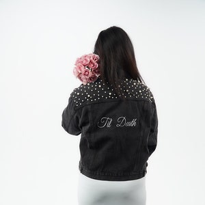 PERSONALIZED Pearl Embroidered Bride Denim Mrs Denim Bridal Jacket Customized Wedding Jean Jacket Bridal Denim Jacket Til Death image 1