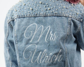 Embroidered Mrs Pearl Jean Jacket | Custom Bride Jean Jacket | Mrs Denim Jacket | Personalized Jean Jacket | Bridal Gift | Bridal Pearls