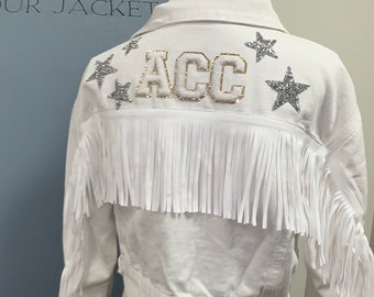 Nashville Bachelorette Fringe Bride Jacket White with Rhinestone Stars Bridal Gift for Bridal Shower and Wedding