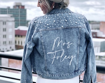 PERSONALIZED Statement Denim Bridal Jacket | Custom Name | Pearl Detailing | “Future” MRS Jacket | "Future" Placement on Collar | Bride Gift