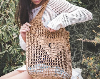 Personalized Raffia Beach Tote Bag | Custom Initial Straw Bag