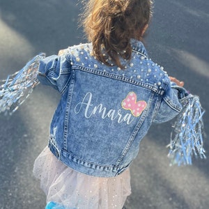 Little Girls Personalized Blue Pearl Denim Jacket Flower Girl Jean Jacket Baby Denim Jacket Toddler Denim Jacket Custom Girls Clothes image 3