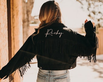 Black Fringe Personalized Denim Jacket | Collar Detail | Bride Jacket | Future Mrs. | Bachelorette Party Jacket | Cropped Denim Jacket