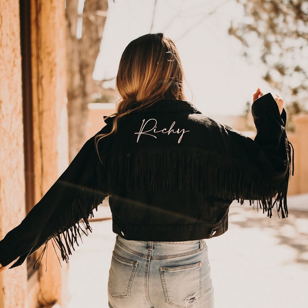 Black Fringe Personalized Denim Jacket | Collar Detail | Bride Jacket | Future Mrs. | Bachelorette Party Jacket | Cropped Denim Jacket