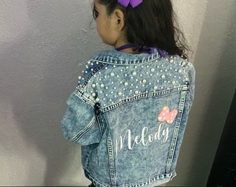 Little Girls Personalized Blue Pearl Denim Jacket | Flower Girl Jean Jacket | Baby Denim Jacket | Toddler Denim Jacket| Custom Girls Clothes