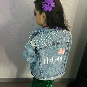 Niñas personalizadas chaqueta de mezclilla azul perla / chaqueta jean niña de flores / chaqueta de mezclilla bebé / chaqueta de mezclilla para niños pequeños / ropa personalizada para niñas