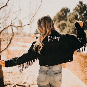 Black Fringe Personalized Denim Jacket | Collar Detail | Bride Jacket | Future Mrs. | Bachelorette Party Jacket | Cropped Denim Jacket