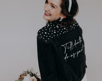 PERSONALIZED Black Denim | Statement Denim Brautjacke | Maßgeschneiderte Hochzeits-Jeansjacke | Braut Jeansjacke | Perle | MRS Jacke